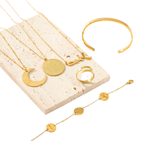 18K Gold Titanium Islam Stainless Steel Arabic Symbol Necklace Ring Bracelet for Women Set Design Collarbone Chain Pendant Women celestejewels