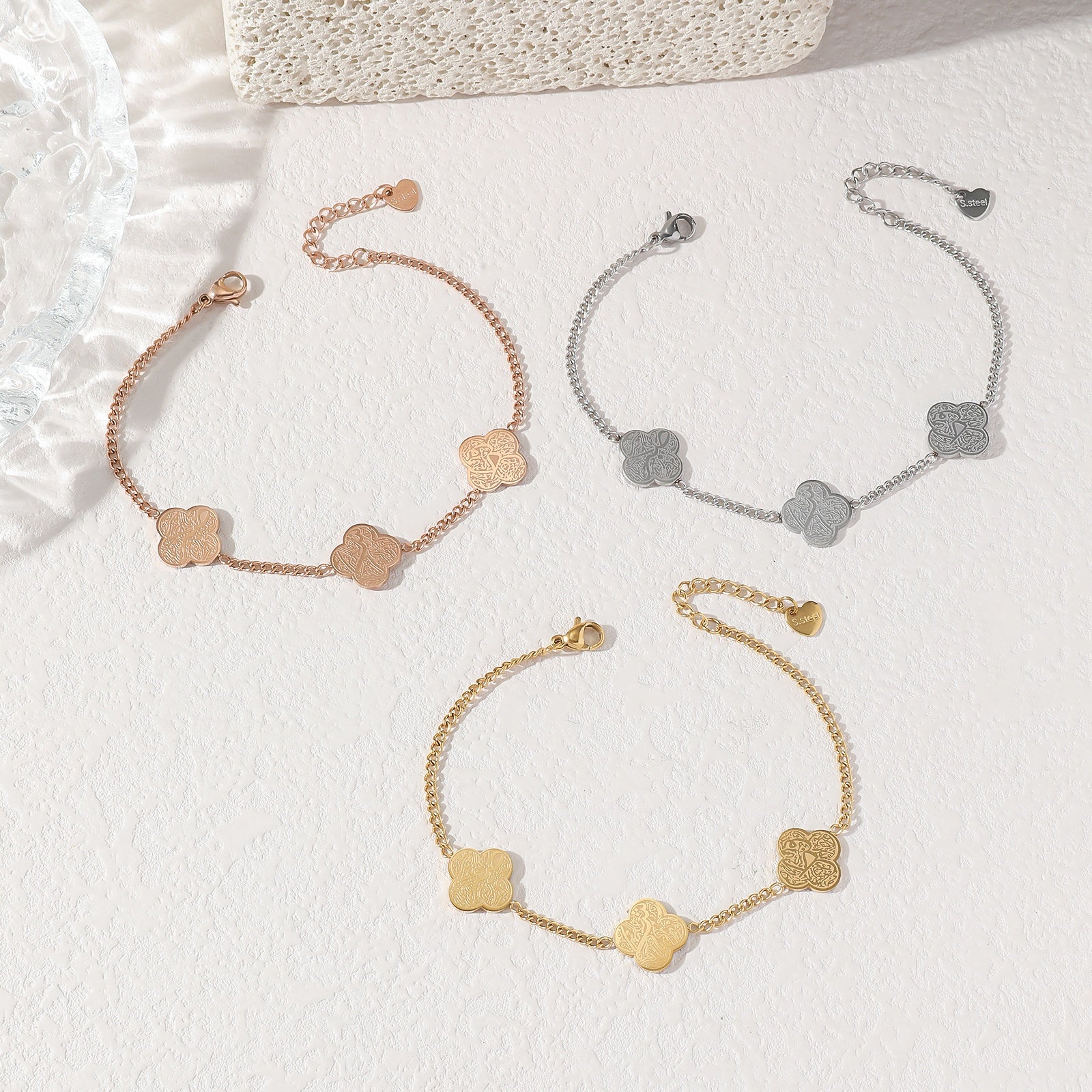 Clover Arabic Islam Muslim Ayatul Kursi Waterproof Gold Plated Stainless Steel Fashion Jewelry Bracelets for  Women celestejewels