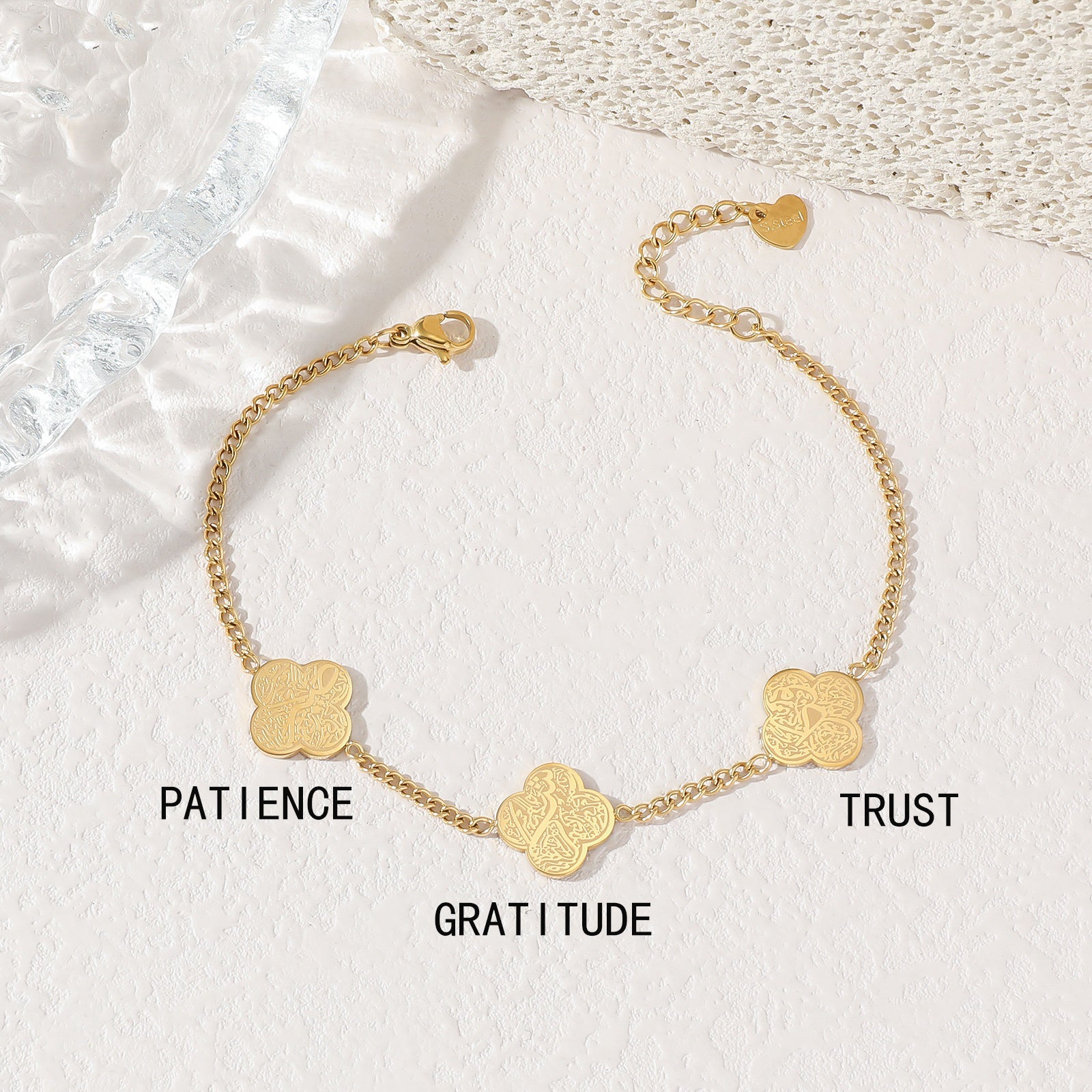 Clover Arabic Islam Muslim Ayatul Kursi Waterproof Gold Plated Stainless Steel Fashion Jewelry Bracelets for  Women celestejewels