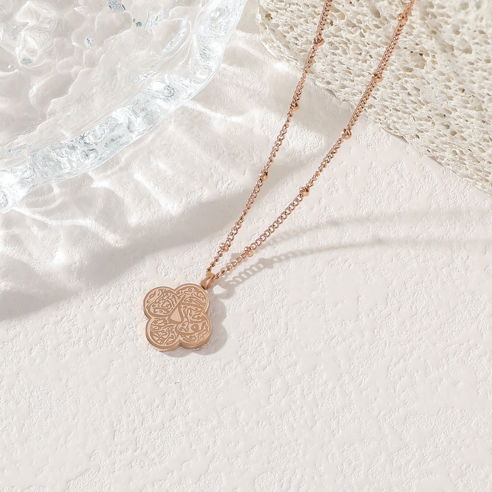 Clover Arabic Islam Muslim Ayatul Kursi Waterproof Stainless Steel Pendant Fashion Jewelry Necklace for Women celestejewels